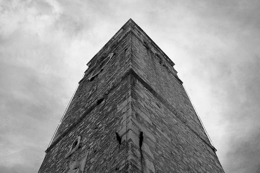 croatia, umag, tower bell, low angle, architecture, black and white, HD wallpaper