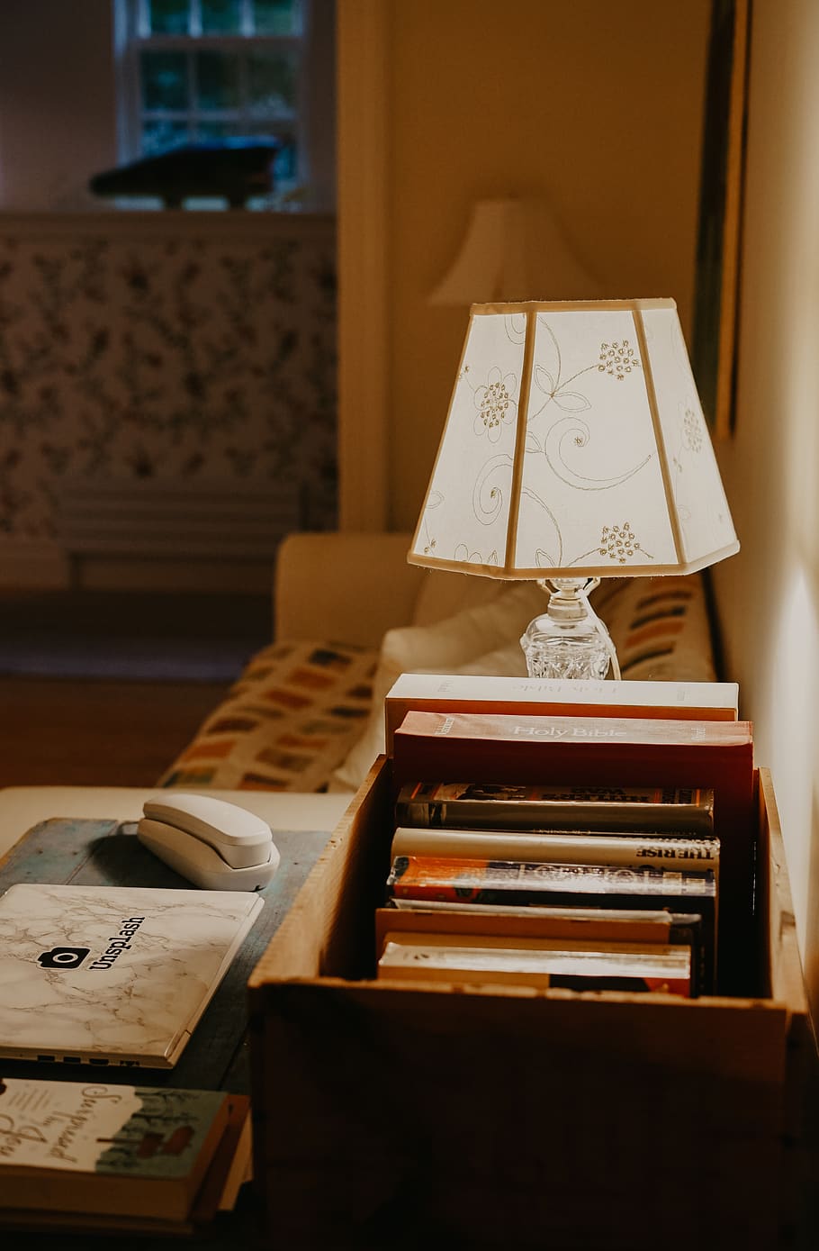lighted table lamp beside books, indoors, publication, no people HD wallpaper
