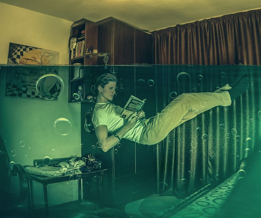 people, adult, man, reading, books, study, work, underwater, HD wallpaper
