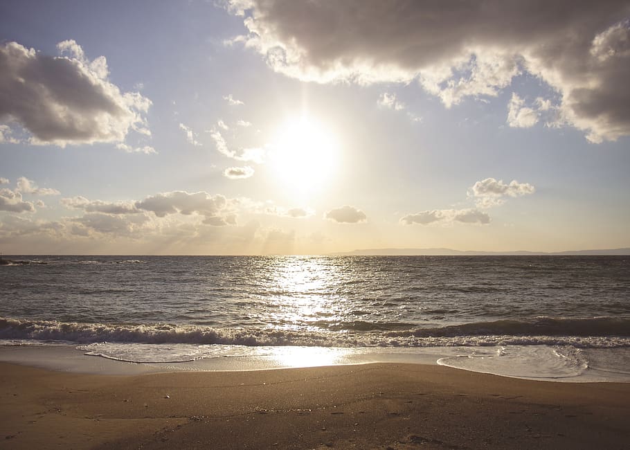 beach, sand, shore, ocean, sea, water, sunshine, sky, clouds HD wallpaper