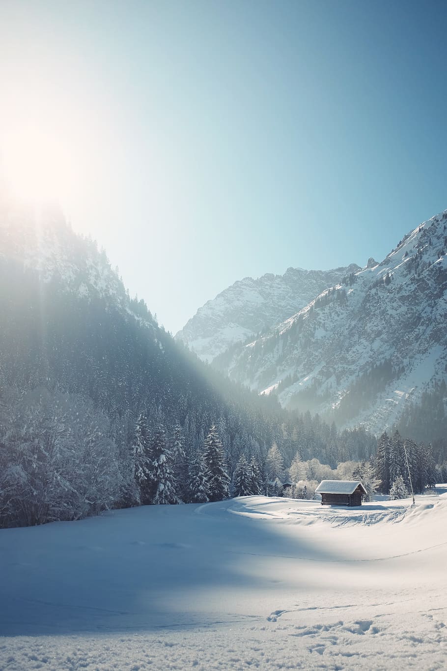 austria, mittelberg, shadow, hut, light, valley, snow, alps HD wallpaper
