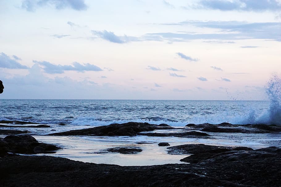 bali, indonesia, wave, splash, ocean, sunset, sea, tide, beach HD wallpaper