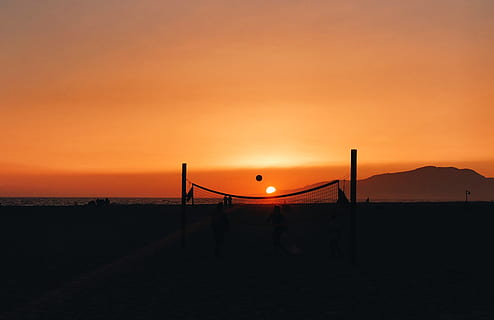 deserted beach with volleyball net, sun, sunset, sand, summer HD wallpaper