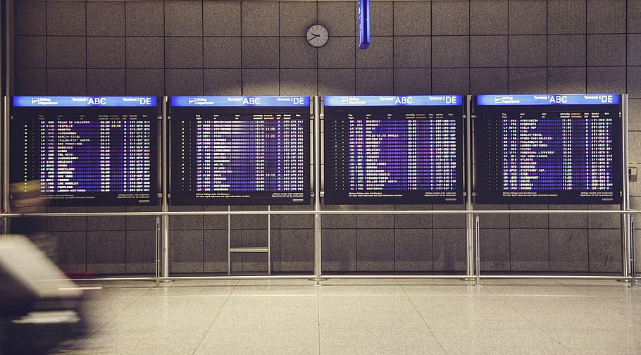 four flat screen monitors, transportation, no people, airport HD wallpaper