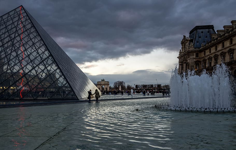 pyramid, louvre, paris, light, evening, architecture, cloud - sky HD wallpaper
