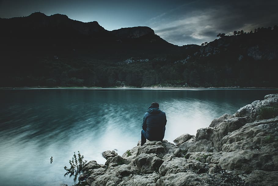 clouds, foliage, idyllic, lake, landscape, man, mountain range HD wallpaper