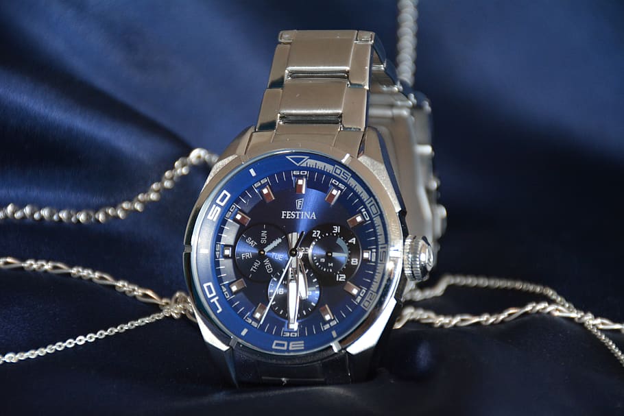 Round Silver-colored Chronograph Watch, band, blue, bracelet, HD wallpaper