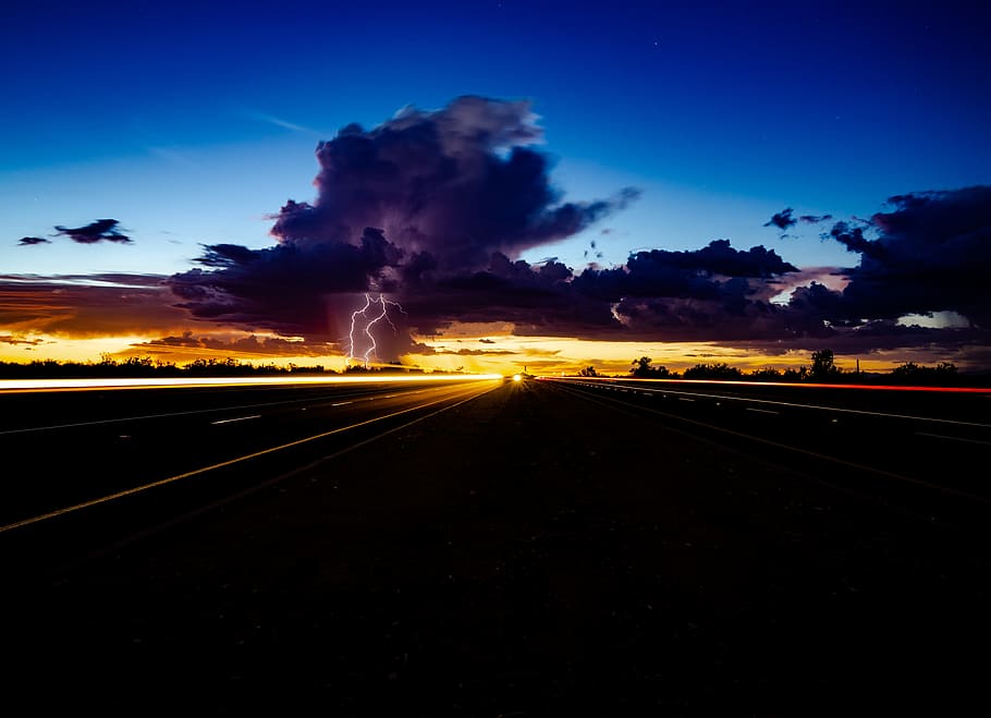 silhouette photo of road, sky, thunderstorm, lightning, landscape HD wallpaper