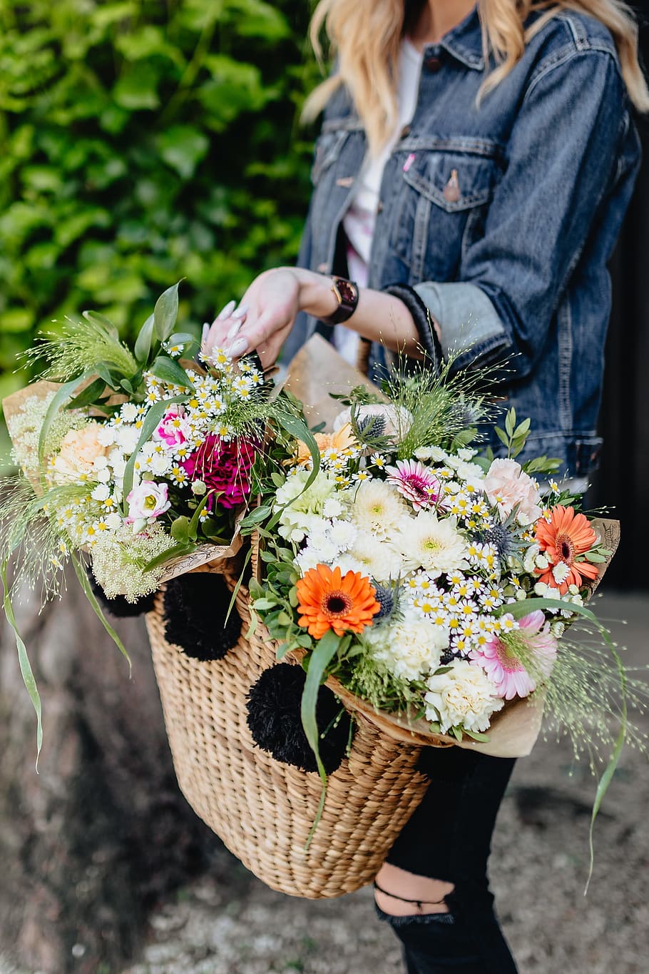 Young woman with basket full of flowers, female, girl, summer, HD wallpaper