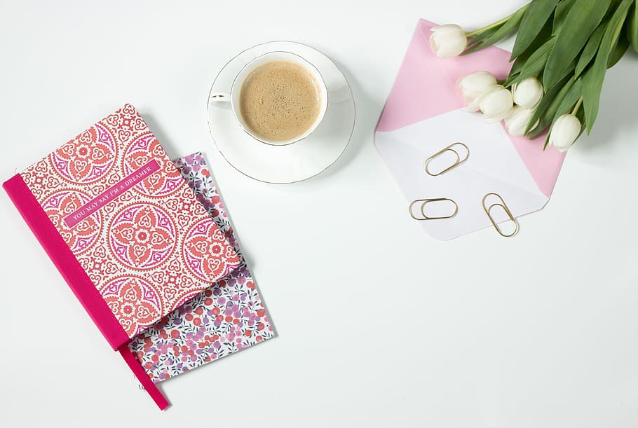 Brown Latte in Ceramic Mug Near Pink and White Floral Textile and White Tulips HD wallpaper