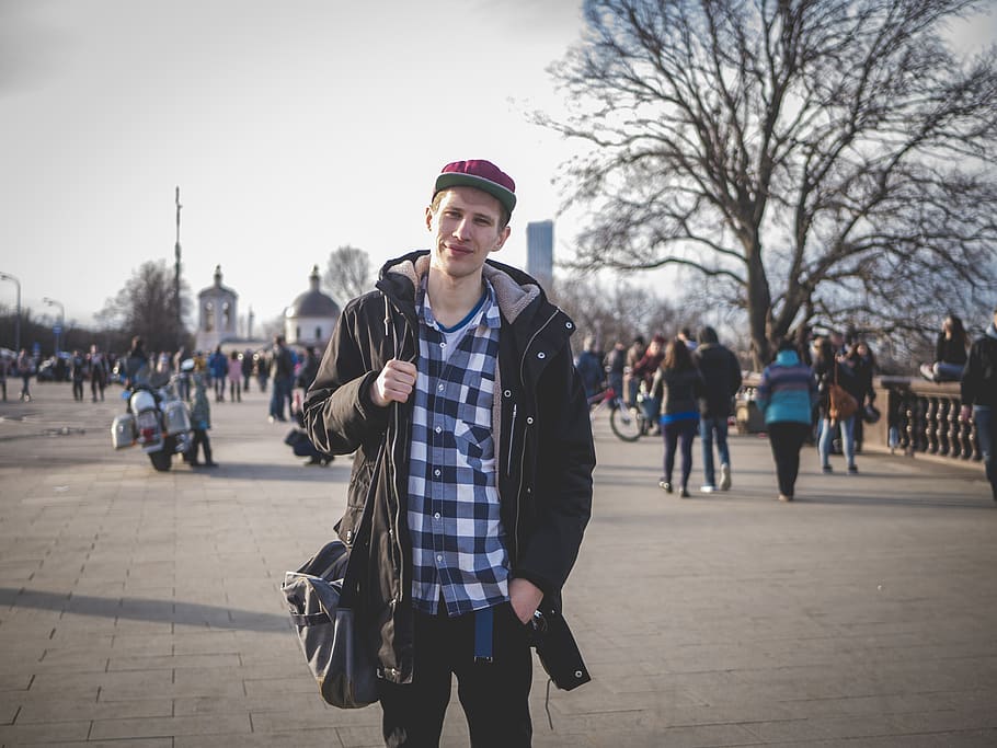 Photo of Man Wearing Black Zip-up Jacket, background, cap, casual HD wallpaper