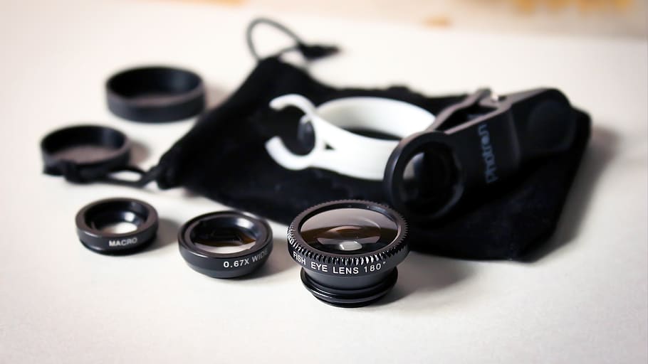 black clip lenses, camera, electronics, gear, equipment, table HD wallpaper
