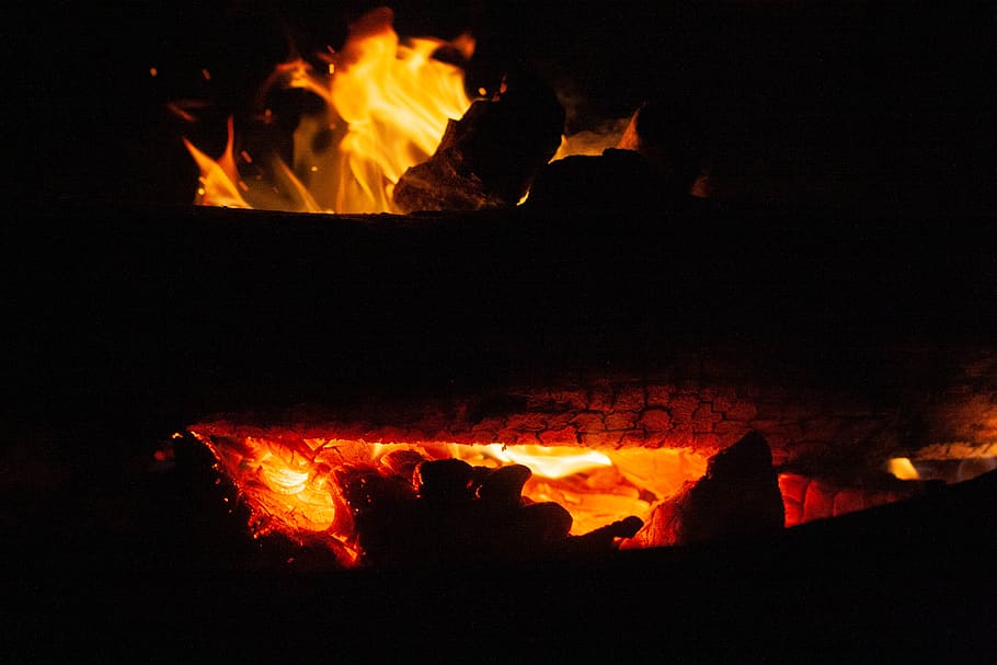 fire, flame, bonfire, mountain, outdoors, nature, summer, fire pit HD wallpaper