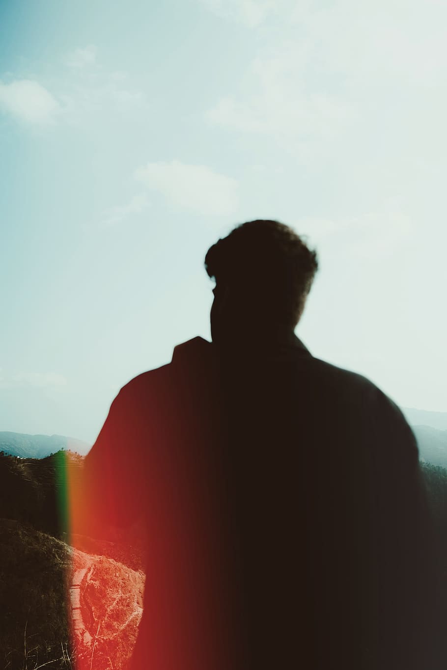 person, summer, rainbow, light, cloud, blue sky, silhouette HD wallpaper