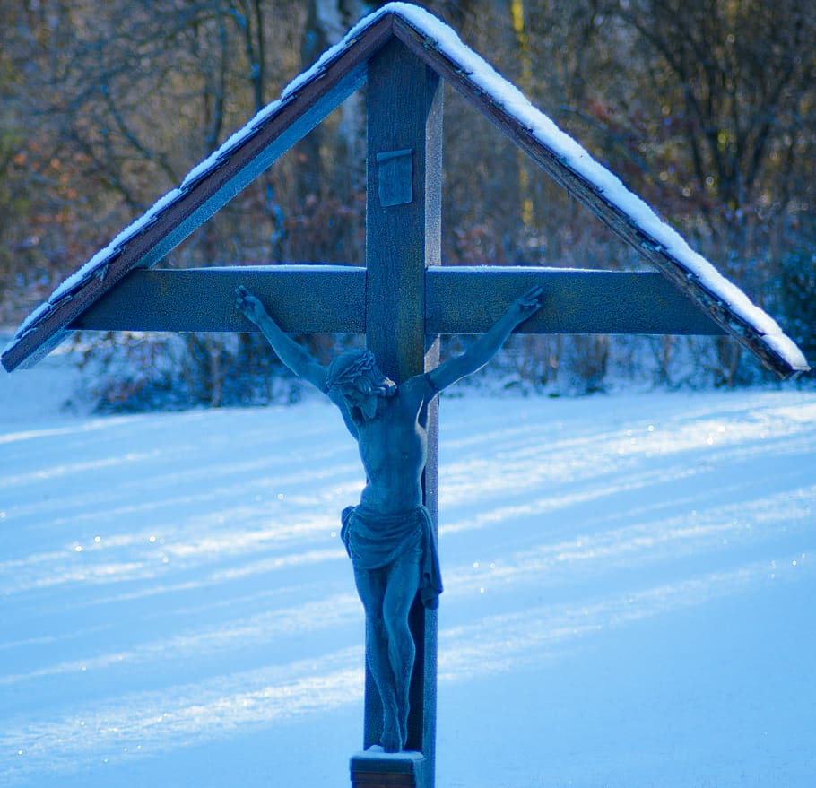 crucifix display, cold temperature, snow, winter, representation HD wallpaper