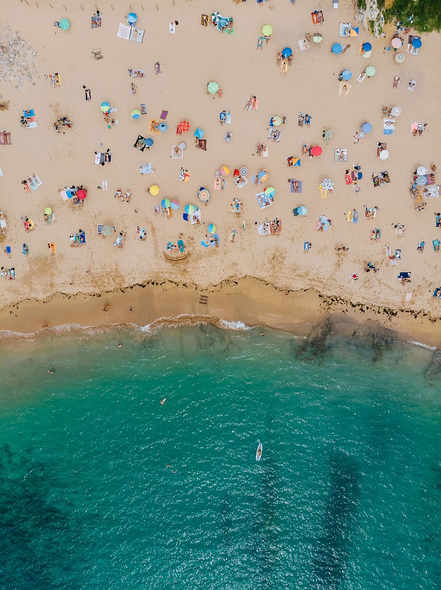 umbrella, sand, shore, shoreline, ocean, sea, person, people, HD wallpaper