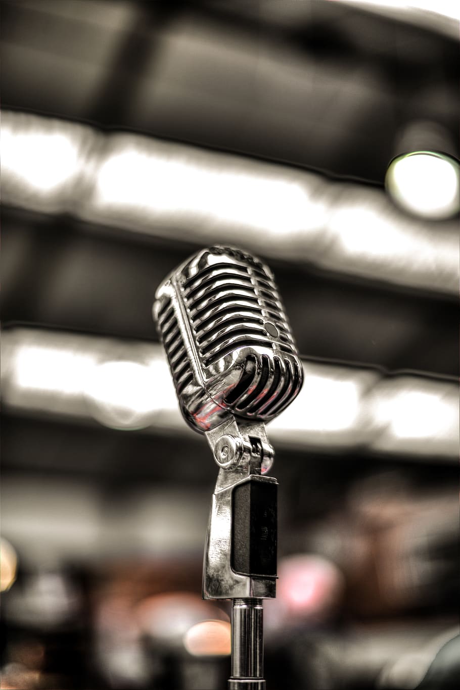 Silver-colored Microphone, audio, blur, chrome, classic, close-up