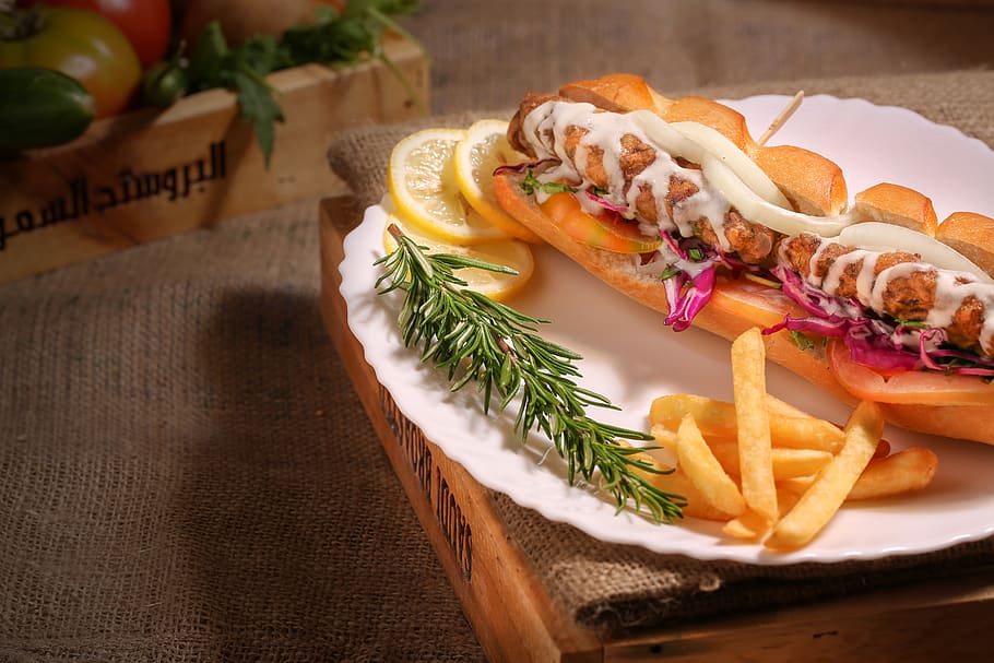 Bread, Fries, And Sliced Lemon Served On White Plate, delicious HD wallpaper