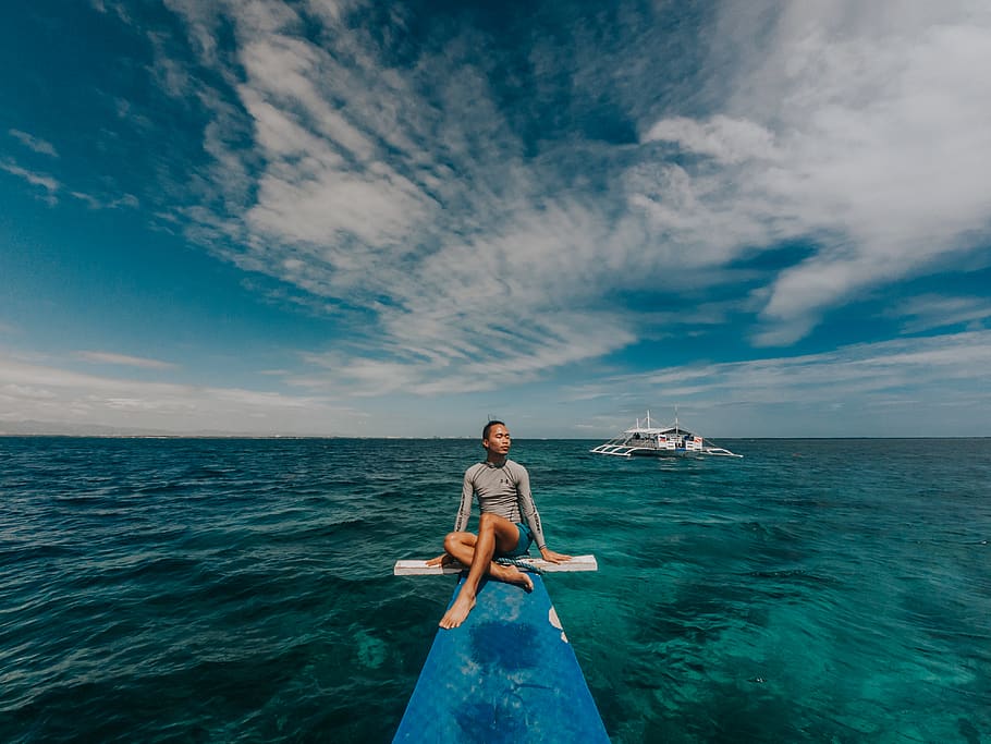 Photo of Man Wearing Rash Guard, blue, clouds, daylight, deep HD wallpaper