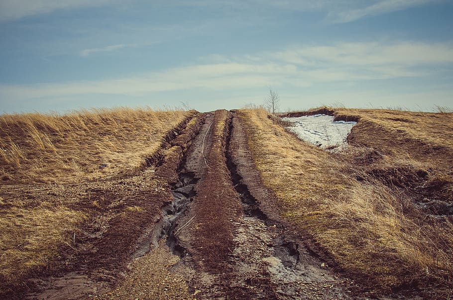 Brown Pathway Between Grass Field, clouds, daylight, desert, dry HD wallpaper