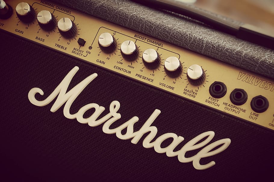 Marshall Black Guitar Amplfier, amplifier, brand, close-up, equipment