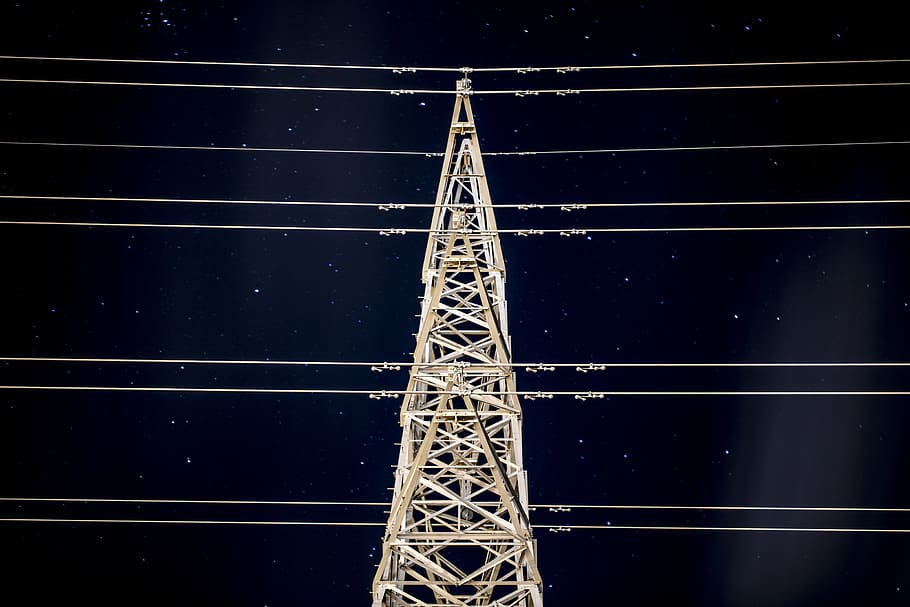 brown transmission tower, cable, power lines, electric transmission tower, HD wallpaper