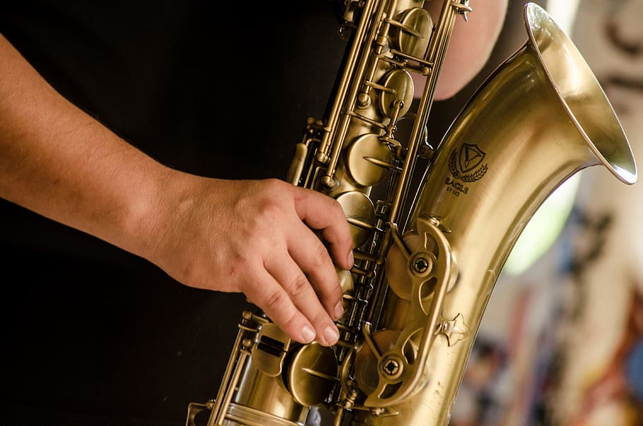 Person in Black Shirt Playing Brass-colored Saxophone, hand, instrument