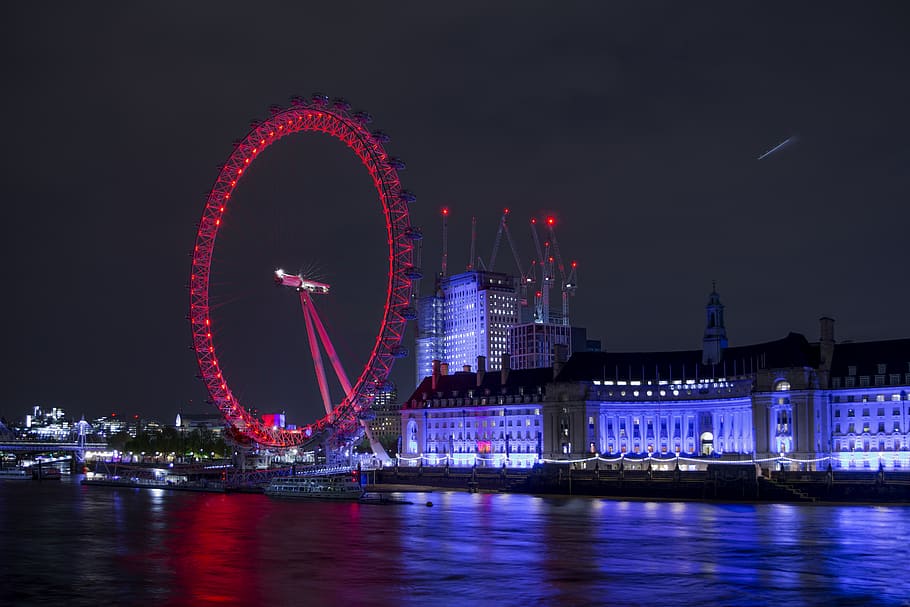 night, ferris wheel, illuminated, city, architecture, amusement park ride HD wallpaper