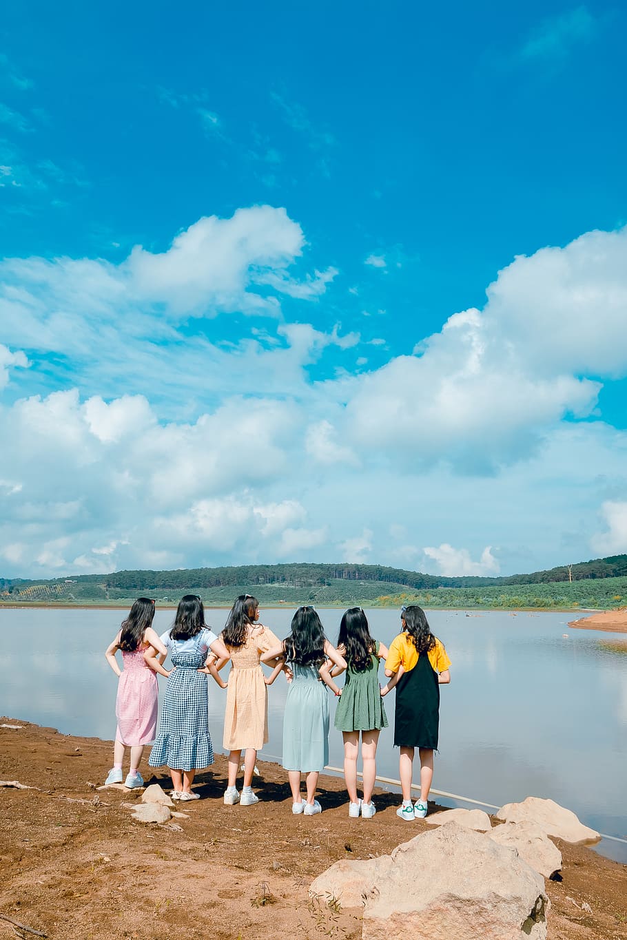 Six Women Facing Body of Water Taking Picture, blue sky, clouds HD wallpaper