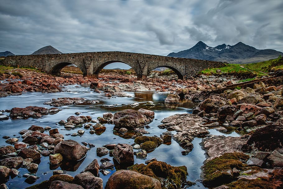 Rocky Body of Water With View of Concrete Bridge at Daytime, clouds HD wallpaper