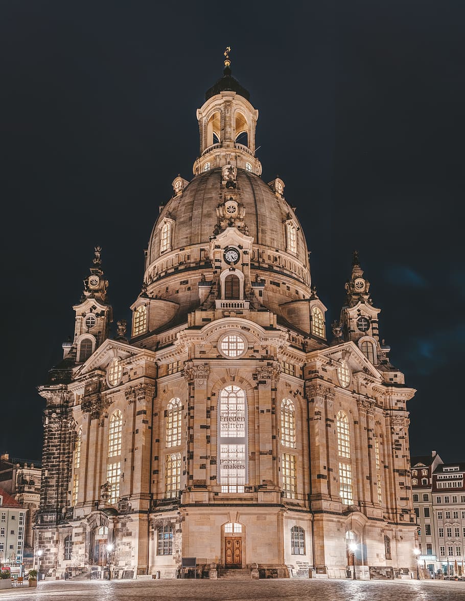 concrete cathedral during night time, building, sky, architecture HD wallpaper