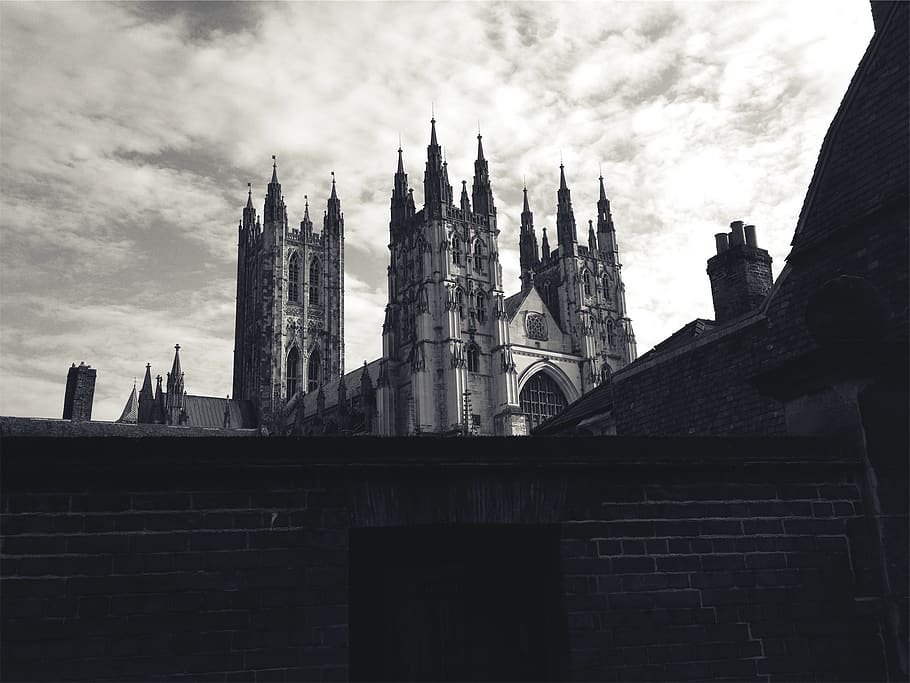 castle, wall, architecture, sky, clouds, black and white, built structure HD wallpaper