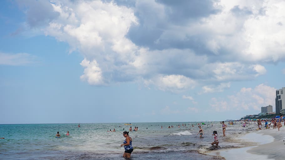 people, beach, ocean, waves, shore, swimming, sky, clouds, sea HD wallpaper