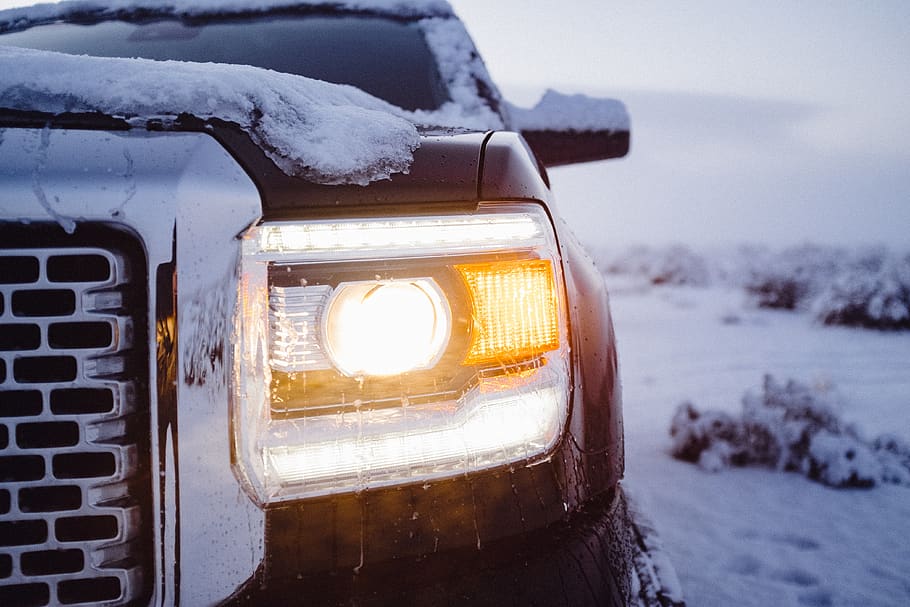 turned-on vehicle headlight, nature, ice, outdoors, snow, winter driving HD wallpaper
