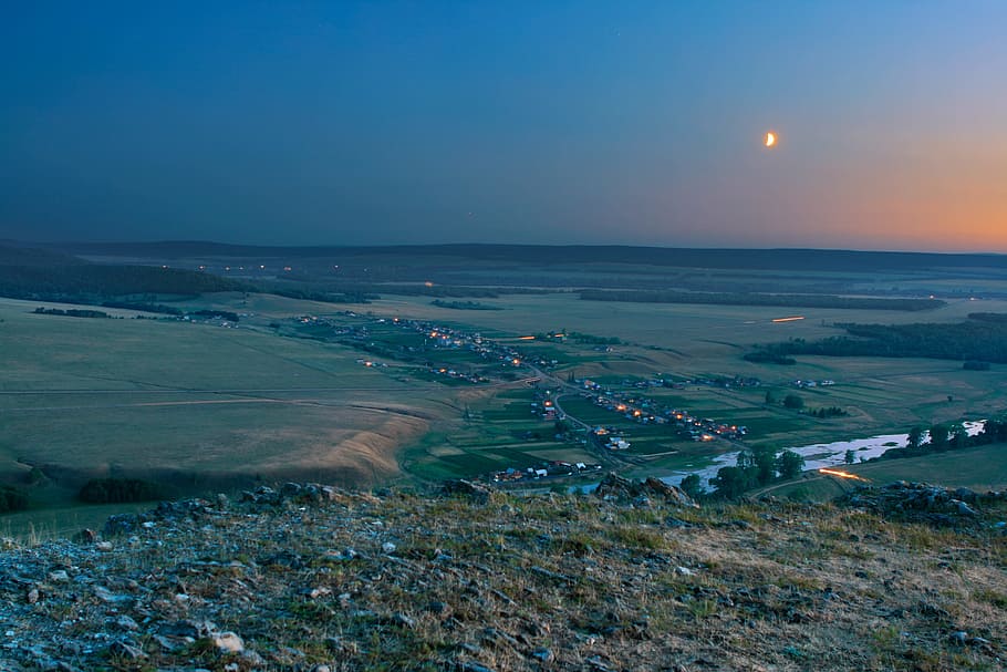 night, Ufa, mountain, top, meadow, moon, clear, forest, mist HD wallpaper