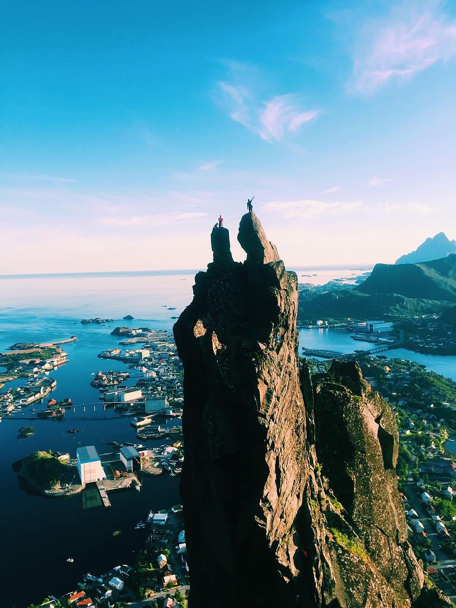 Two People Standing on Top of Mountain With Views of City in Port HD wallpaper