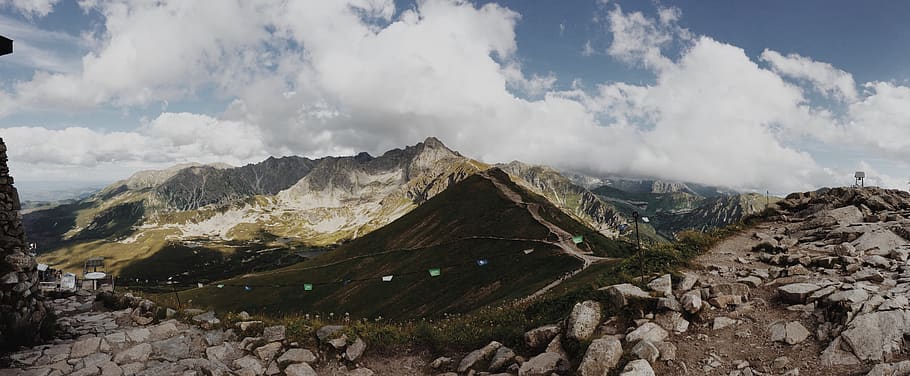 Green Mountains, clouds, daylight, grass, high, landscape, mountain peaks HD wallpaper