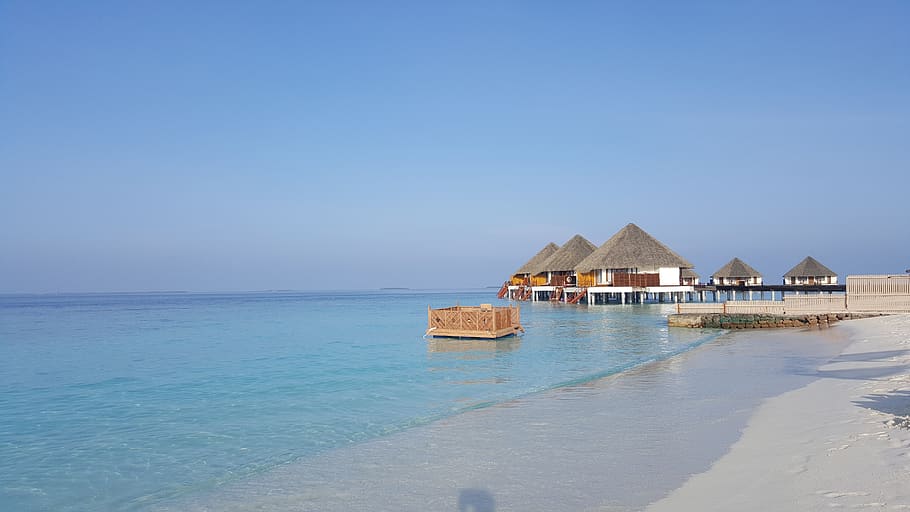 maldives, paradise, beach, sea, water, architecture, sky, built structure HD wallpaper