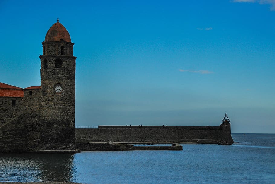 sea, port, lighthouse, tranquility, colliure, france, sky, bue HD wallpaper