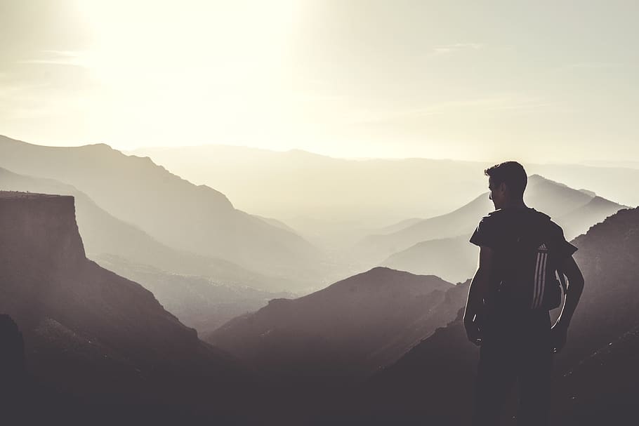 guy, man, people, mountains, landscape, nature, sunset, dusk HD wallpaper