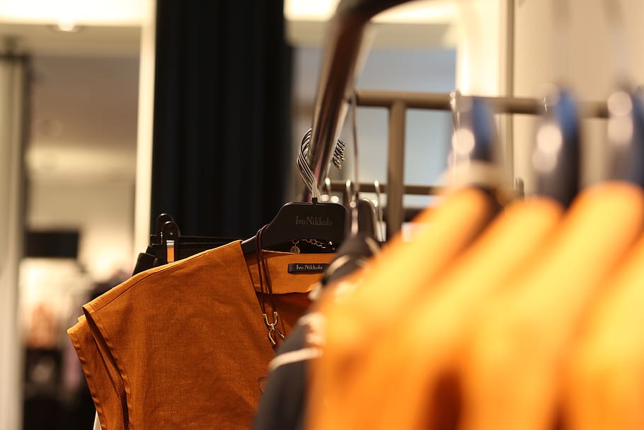 Brown Top Hanging on Rack, access, blur, boutique, close-up, clothes hanger HD wallpaper