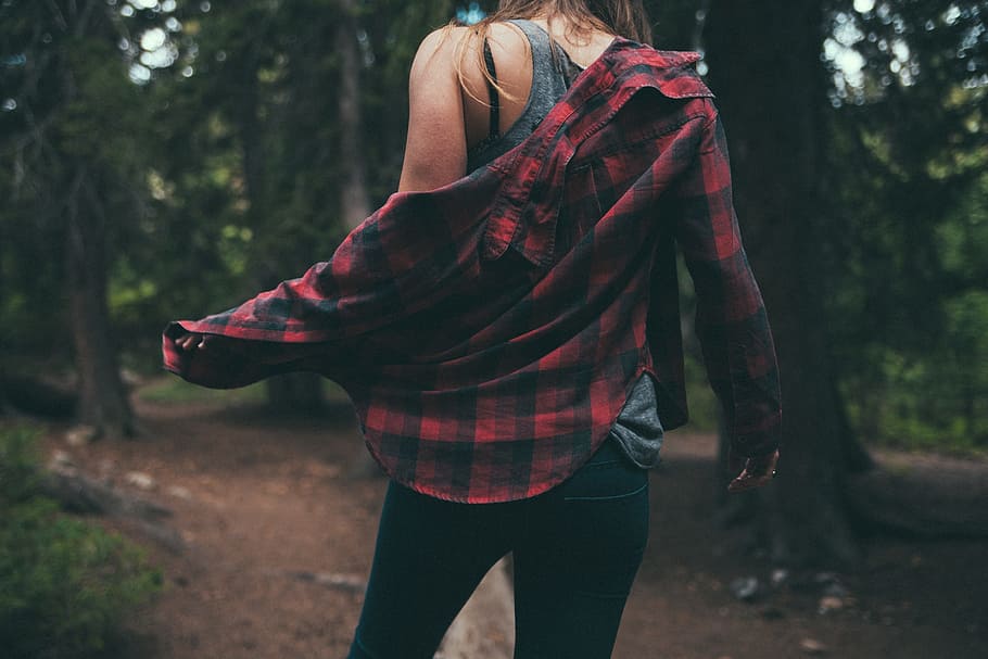 model, hike, hiker, hiking, forest, green, girl, woman, tree HD wallpaper