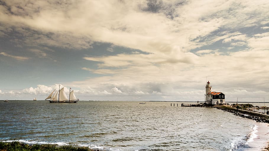 marken, netherlands, lighthouse, ship, seaside, water, cloud - sky HD wallpaper