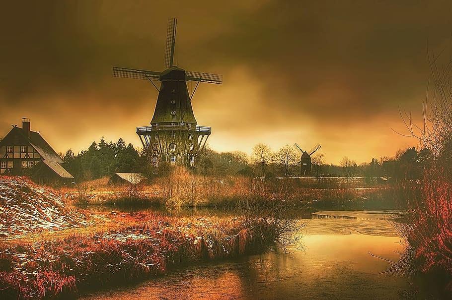 mill, darkness, mytic, sky, landscape, windmill, scenic, sun, HD wallpaper