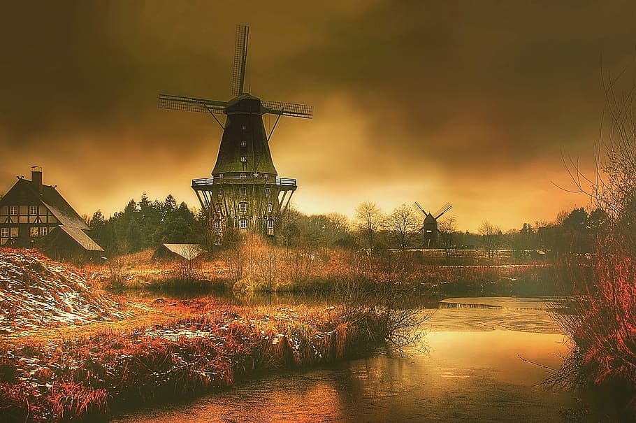 mill, darkness, mytic, sky, landscape, windmill, scenic, sun HD wallpaper