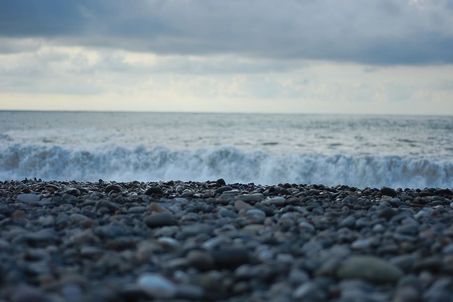 stone, waves, blacksea, water, beach, horizon, sky, land, horizon over water HD wallpaper