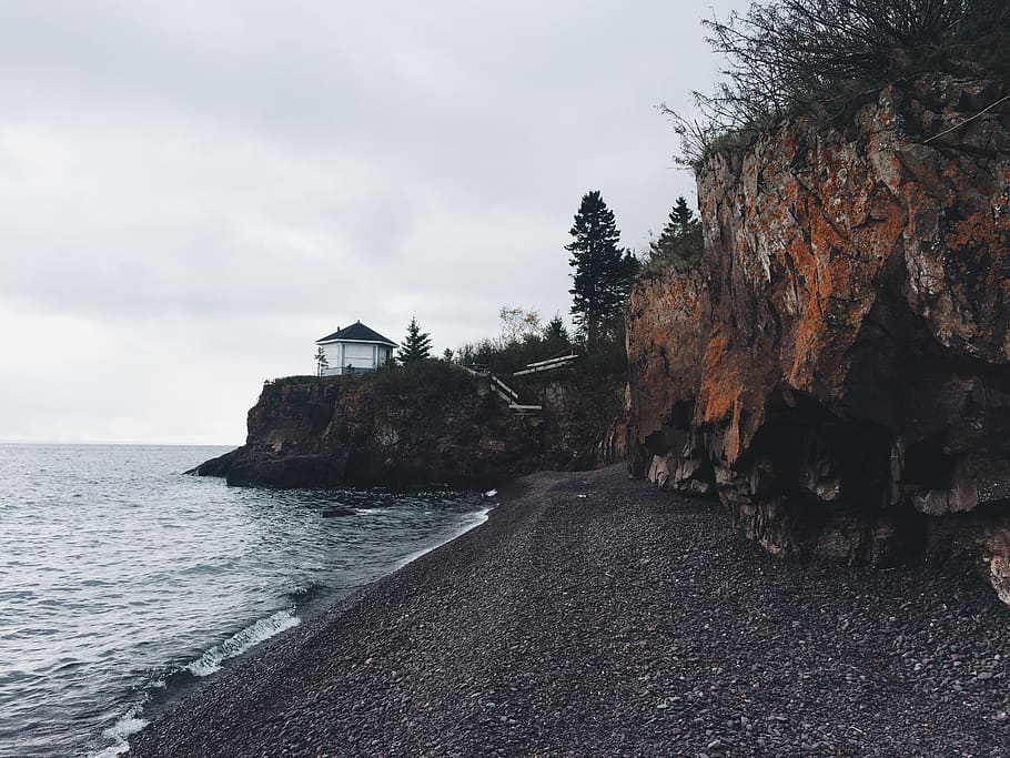 united states, two harbors, trees, forest, lake superior, overcast HD wallpaper