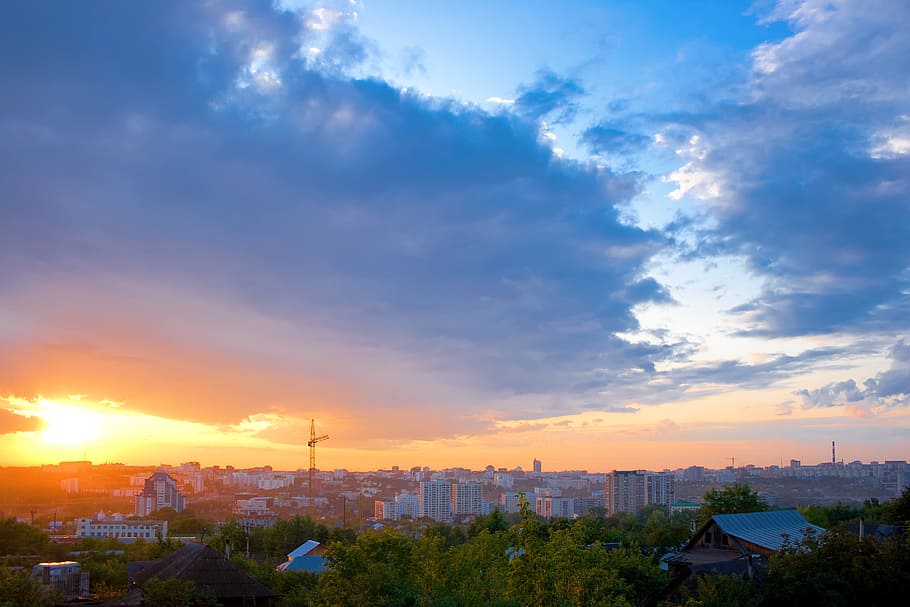 sunset, city, landscape, sky, clouds, nature, building exterior HD wallpaper