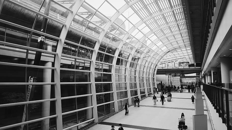 grayscale interior building, architecture, person, human, window HD wallpaper