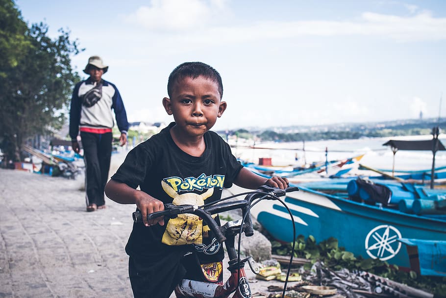 Boy Riding on Black Bicycle, activity, adorable, cheerful, child